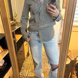 H&M Striped Green and White Button-Up Shirt